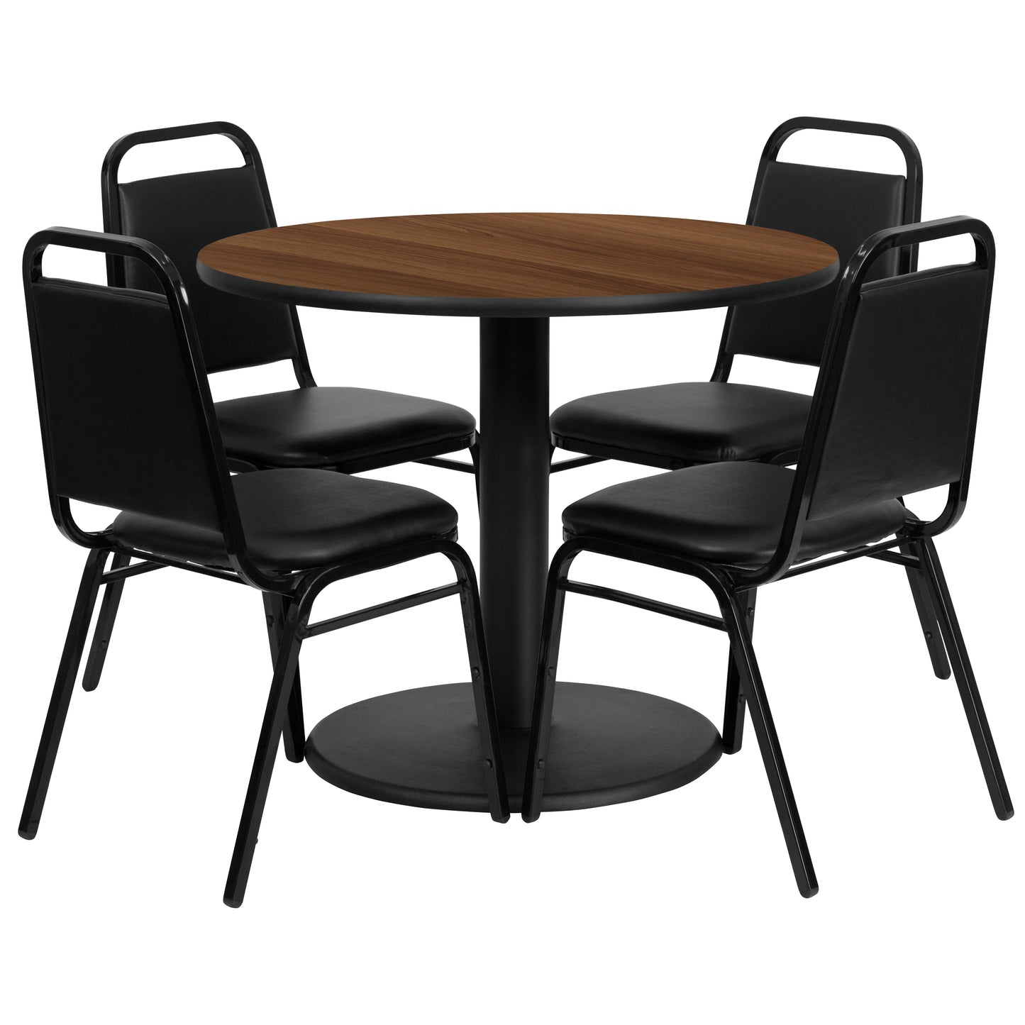 Jamie 36'' Round Walnut Laminate Table Set with Round Base and 4 Black Trapezoidal Back Banquet Chairs Walnut Top/Black Vinyl Seat