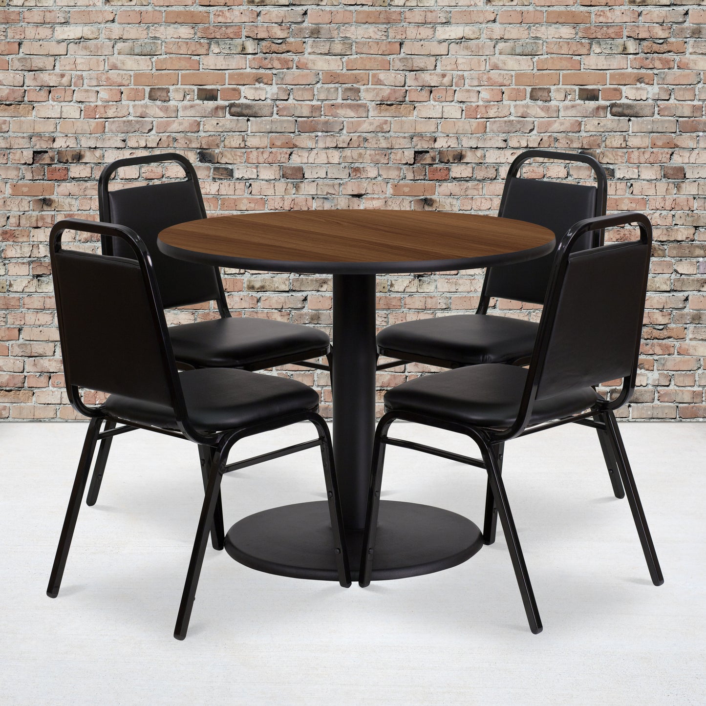 Jamie 36'' Round Walnut Laminate Table Set with Round Base and 4 Black Trapezoidal Back Banquet Chairs Walnut Top/Black Vinyl Seat