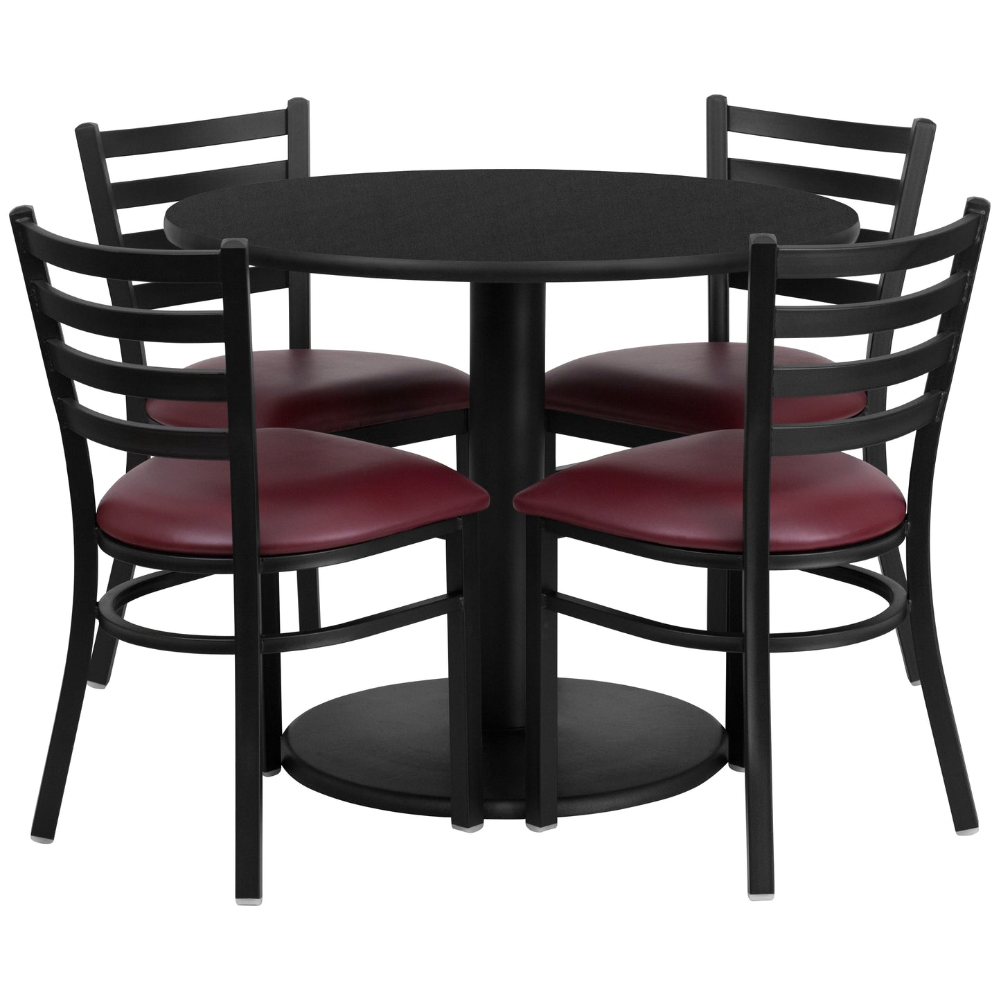 Jamie 36'' Round Black Laminate Table Set with Round Base and 4 Ladder Back Metal Chairs - Burgundy Vinyl Seat Black Top/Burgundy Vinyl Seat