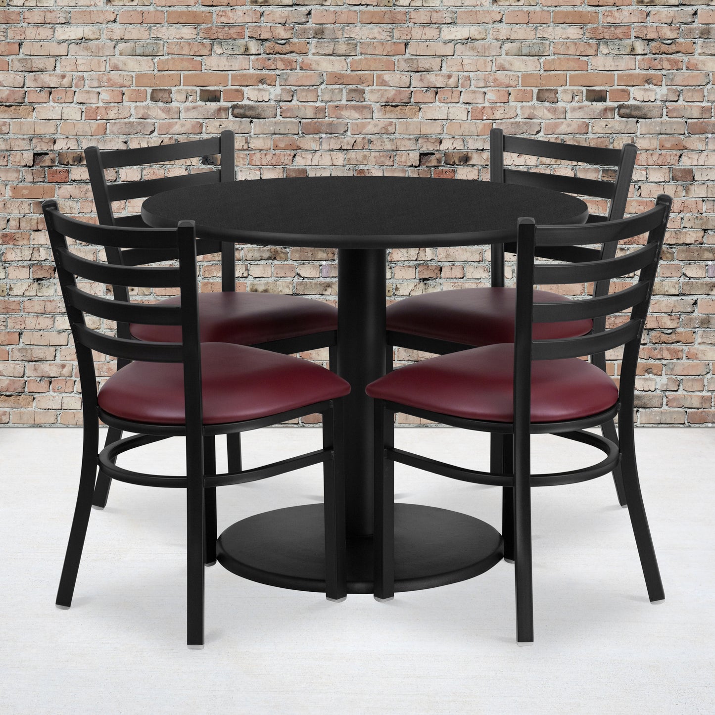 Jamie 36'' Round Black Laminate Table Set with Round Base and 4 Ladder Back Metal Chairs - Burgundy Vinyl Seat Black Top/Burgundy Vinyl Seat