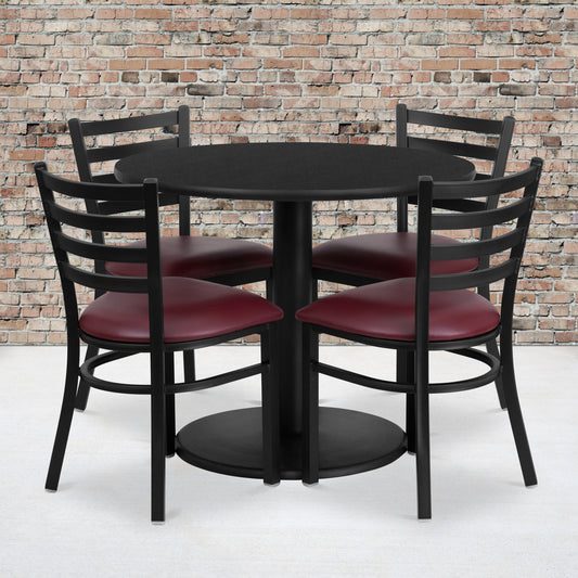 Jamie 36'' Round Black Laminate Table Set with Round Base and 4 Ladder Back Metal Chairs - Burgundy Vinyl Seat Black Top/Burgundy Vinyl Seat