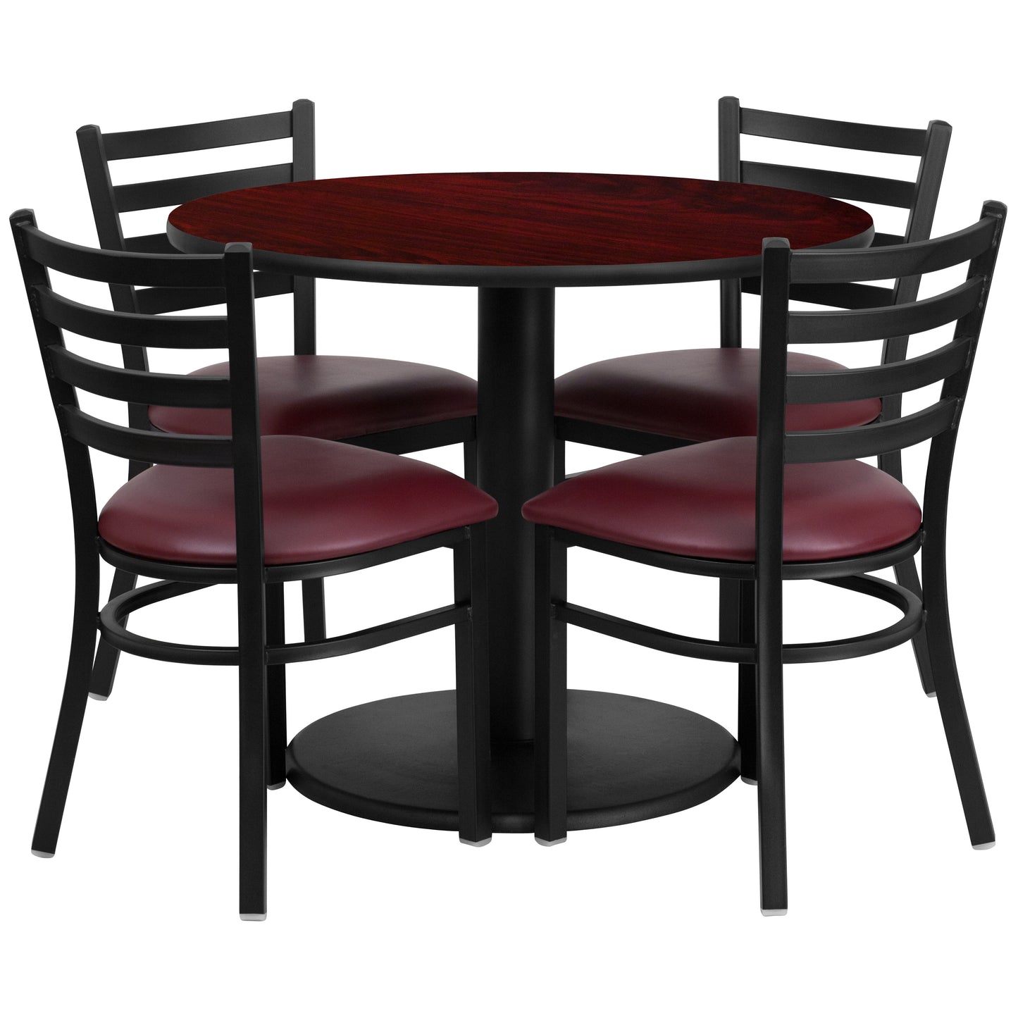 Jamie 36'' Round Mahogany Laminate Table Set with Round Base and 4 Ladder Back Metal Chairs - Burgundy Vinyl Seat Mahogany Top/Burgundy Vinyl Seat