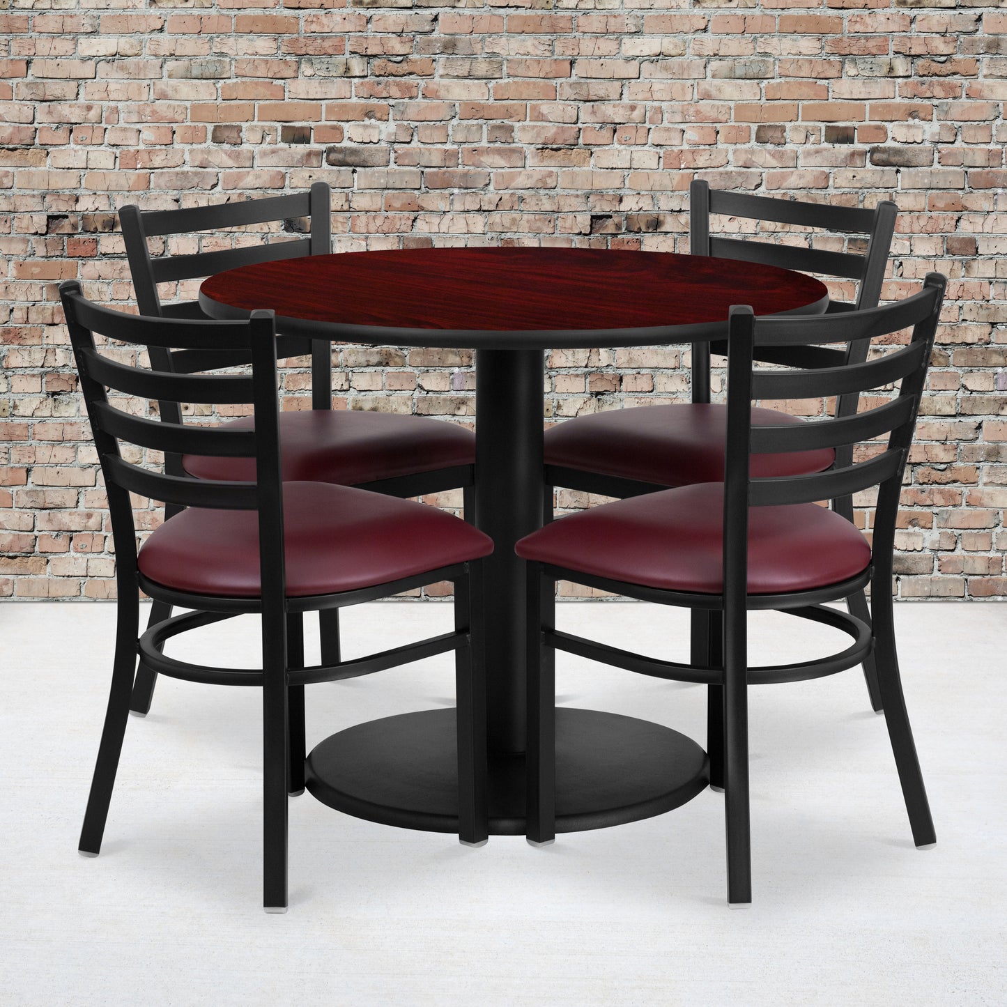 Jamie 36'' Round Mahogany Laminate Table Set with Round Base and 4 Ladder Back Metal Chairs - Burgundy Vinyl Seat Mahogany Top/Burgundy Vinyl Seat