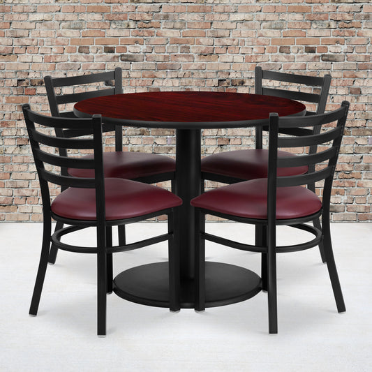 Jamie 36'' Round Mahogany Laminate Table Set with Round Base and 4 Ladder Back Metal Chairs - Burgundy Vinyl Seat Mahogany Top/Burgundy Vinyl Seat
