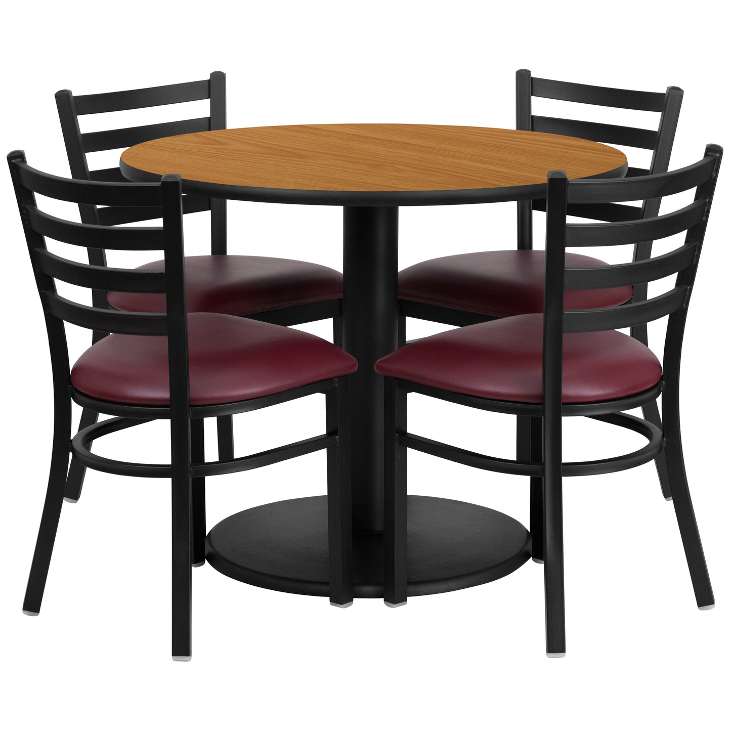 Jamie 36'' Round Natural Laminate Table Set with Round Base and 4 Ladder Back Metal Chairs - Burgundy Vinyl Seat Natural Top/Burgundy Vinyl Seat