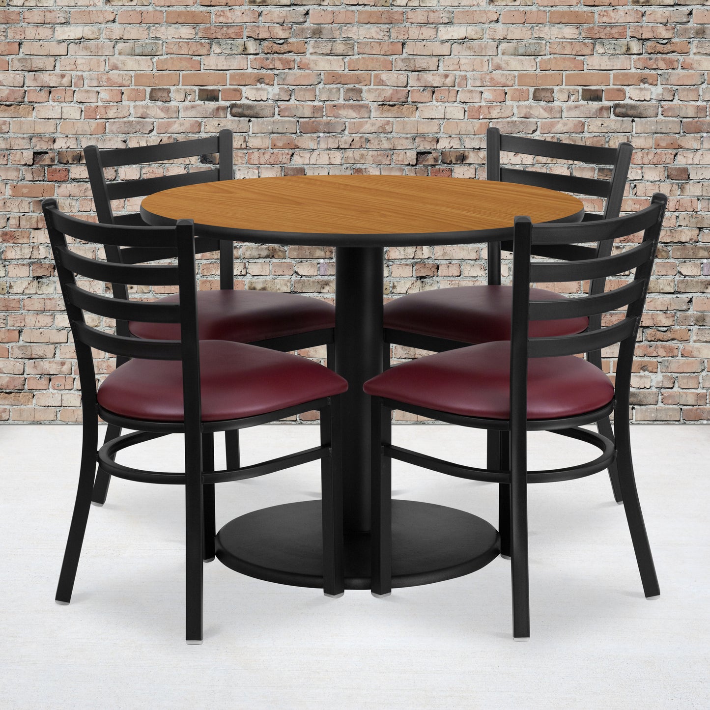 Jamie 36'' Round Natural Laminate Table Set with Round Base and 4 Ladder Back Metal Chairs - Burgundy Vinyl Seat Natural Top/Burgundy Vinyl Seat