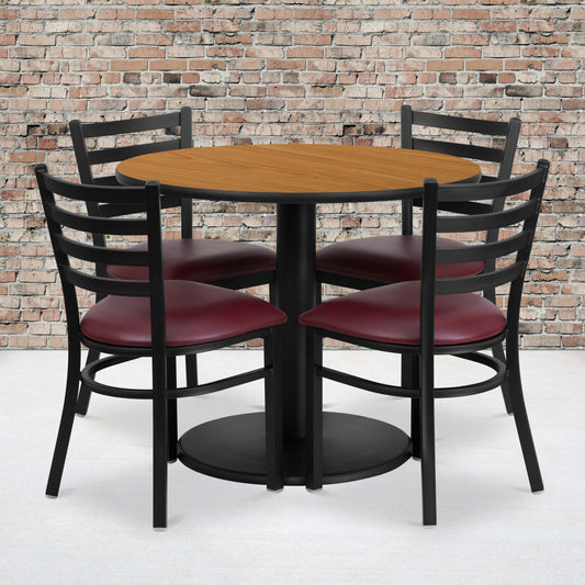 Jamie 36'' Round Natural Laminate Table Set with Round Base and 4 Ladder Back Metal Chairs - Burgundy Vinyl Seat Natural Top/Burgundy Vinyl Seat