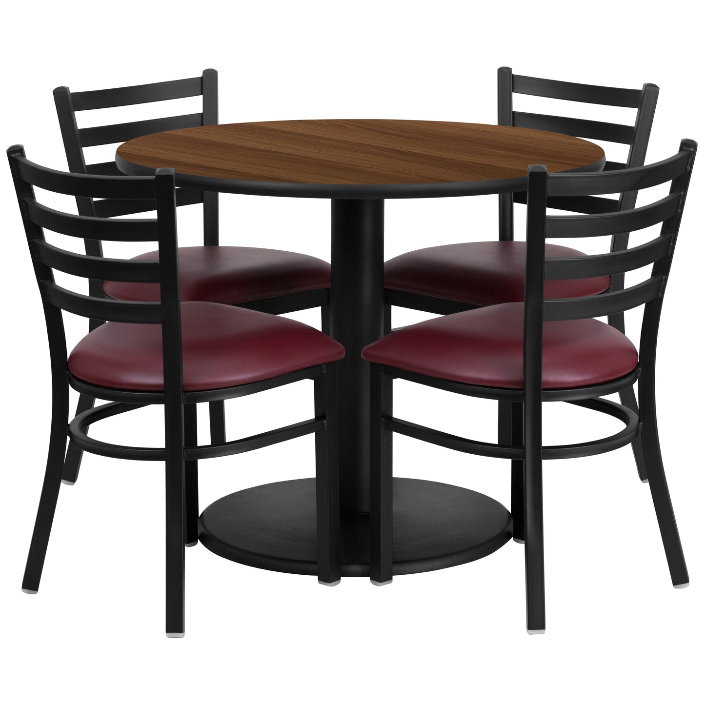Jamie 36'' Round Walnut Laminate Table Set with Round Base and 4 Ladder Back Metal Chairs - Burgundy Vinyl Seat Walnut Top/Burgundy Vinyl Seat