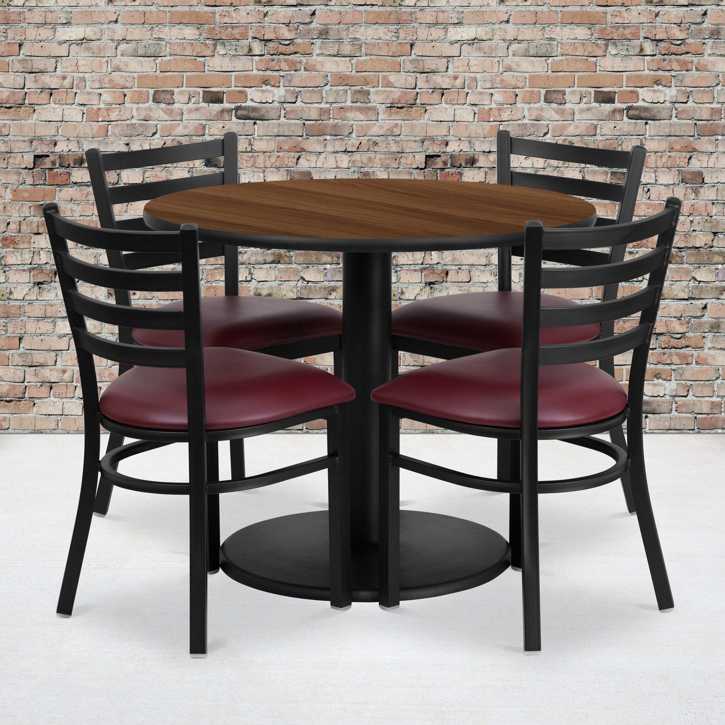 Jamie 36'' Round Walnut Laminate Table Set with Round Base and 4 Ladder Back Metal Chairs - Burgundy Vinyl Seat Walnut Top/Burgundy Vinyl Seat