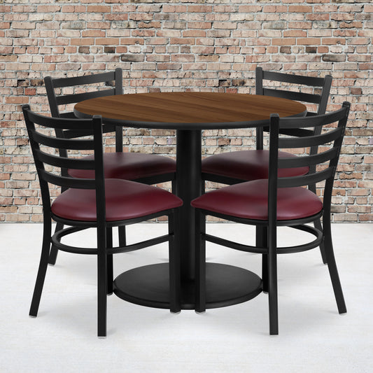 Jamie 36'' Round Walnut Laminate Table Set with Round Base and 4 Ladder Back Metal Chairs - Burgundy Vinyl Seat Walnut Top/Burgundy Vinyl Seat
