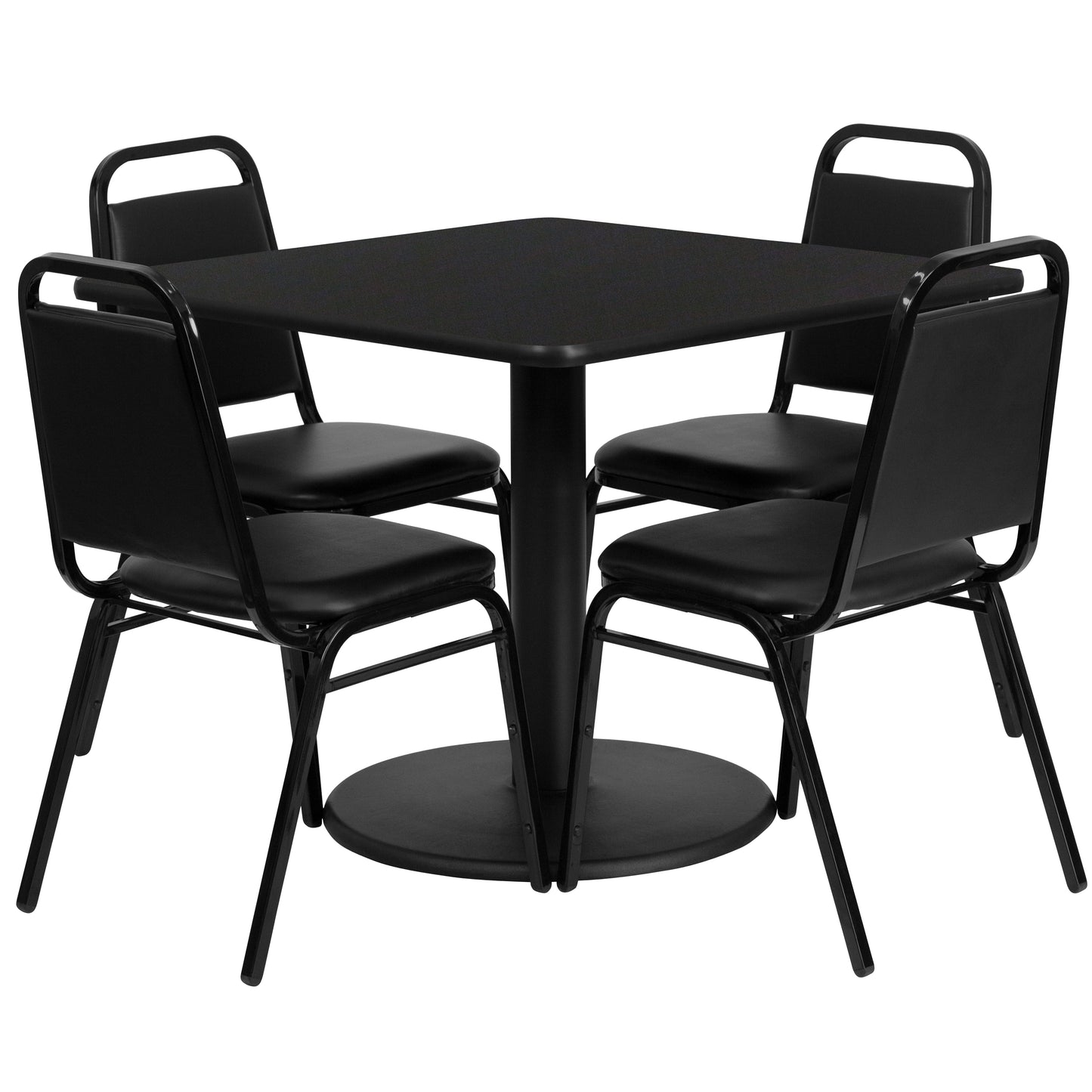 Jamie 36'' Square Black Laminate Table Set with Round Base and 4 Black Trapezoidal Back Banquet Chairs Black Top/Black Vinyl Seat