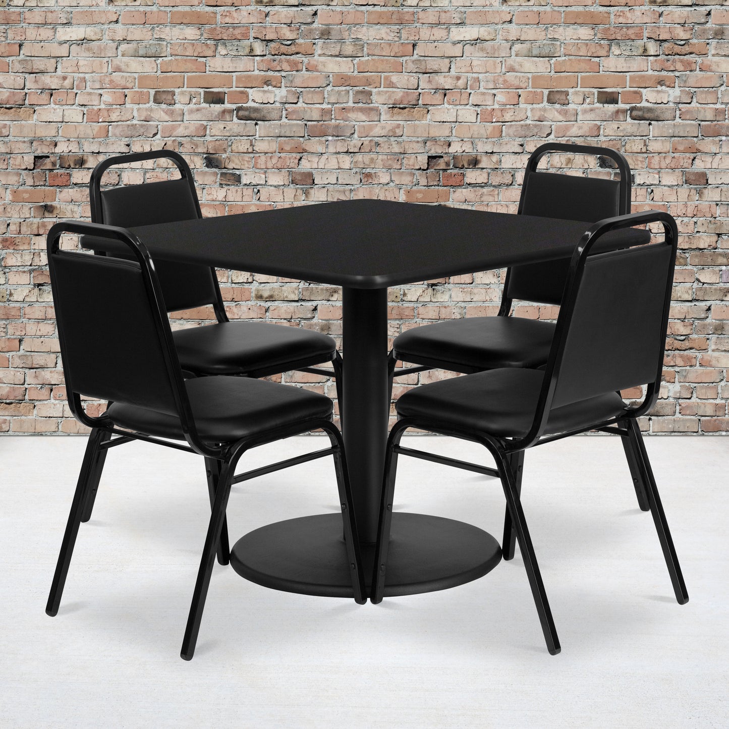 Jamie 36'' Square Black Laminate Table Set with Round Base and 4 Black Trapezoidal Back Banquet Chairs Black Top/Black Vinyl Seat