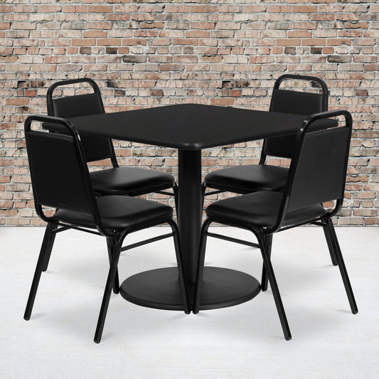 Jamie 36'' Square Black Laminate Table Set with Round Base and 4 Black Trapezoidal Back Banquet Chairs Black Top/Black Vinyl Seat