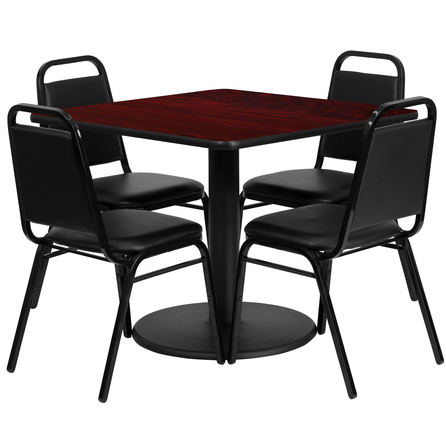 Jamie 36'' Square Mahogany Laminate Table Set with Round Base and 4 Black Trapezoidal Back Banquet Chairs Mahogany Top/Black Vinyl Seat