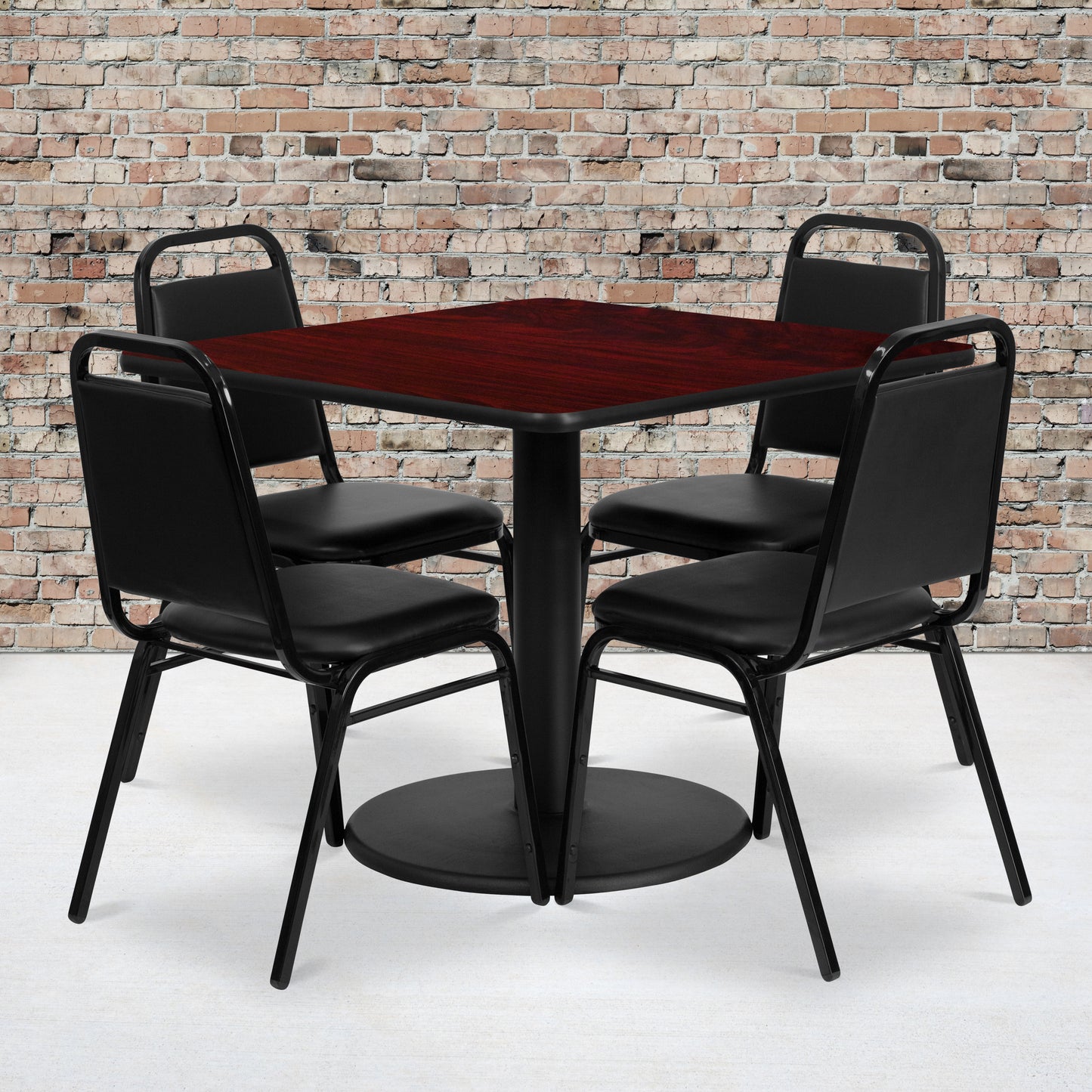 Jamie 36'' Square Mahogany Laminate Table Set with Round Base and 4 Black Trapezoidal Back Banquet Chairs Mahogany Top/Black Vinyl Seat