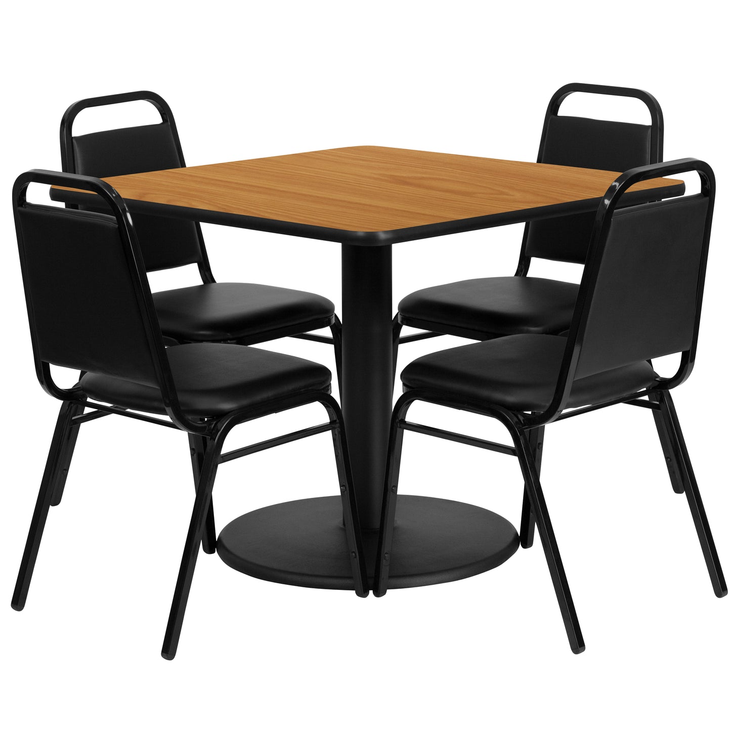 Jamie 36'' Square Natural Laminate Table Set with Round Base and 4 Black Trapezoidal Back Banquet Chairs Natural Top/Black Vinyl Seat