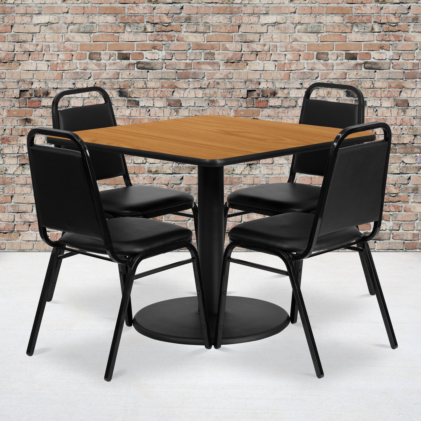 Jamie 36'' Square Natural Laminate Table Set with Round Base and 4 Black Trapezoidal Back Banquet Chairs Natural Top/Black Vinyl Seat