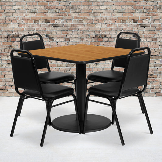 Jamie 36'' Square Natural Laminate Table Set with Round Base and 4 Black Trapezoidal Back Banquet Chairs Natural Top/Black Vinyl Seat