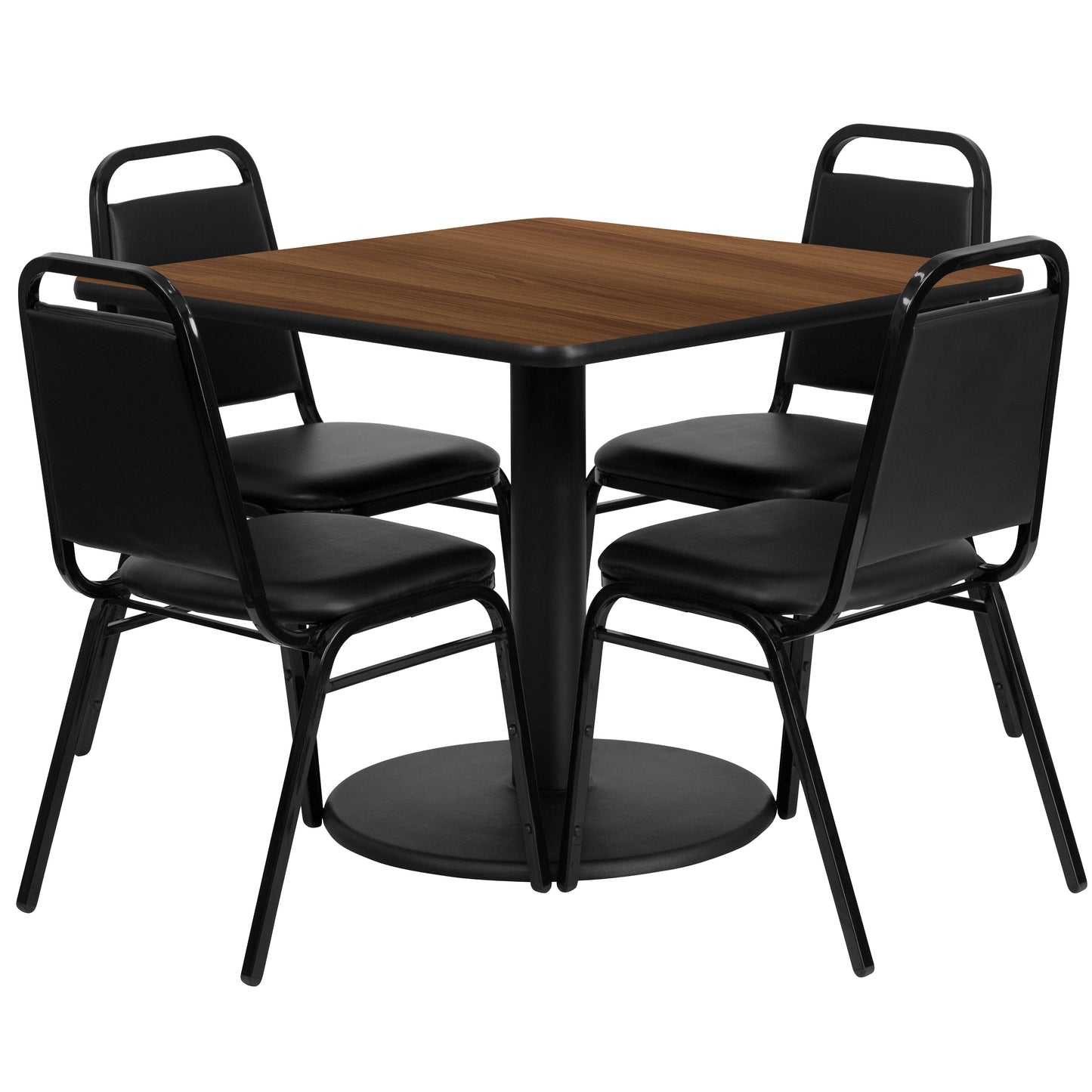Jamie 36'' Square Walnut Laminate Table Set with Round Base and 4 Black Trapezoidal Back Banquet Chairs Walnut Top/Black Vinyl Seat