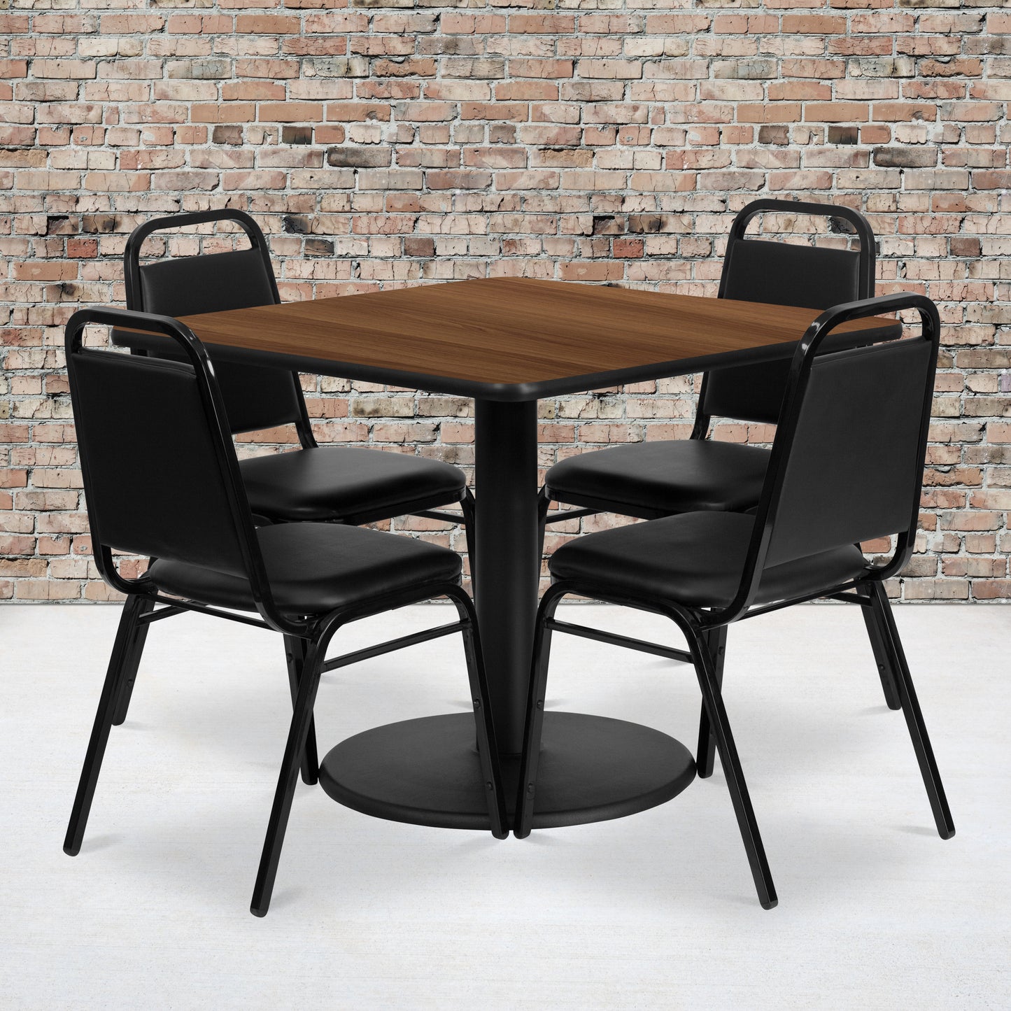 Jamie 36'' Square Walnut Laminate Table Set with Round Base and 4 Black Trapezoidal Back Banquet Chairs Walnut Top/Black Vinyl Seat