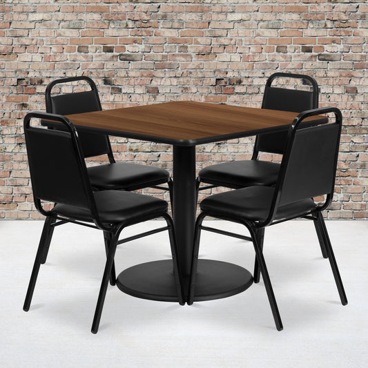 Jamie 36'' Square Walnut Laminate Table Set with Round Base and 4 Black Trapezoidal Back Banquet Chairs Walnut Top/Black Vinyl Seat