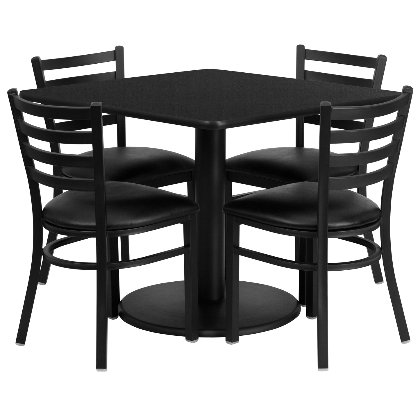 Jamie 36'' Square Black Laminate Table Set with Round Base and 4 Ladder Back Metal Chairs - Black Vinyl Seat Black Top/Black Vinyl Seat