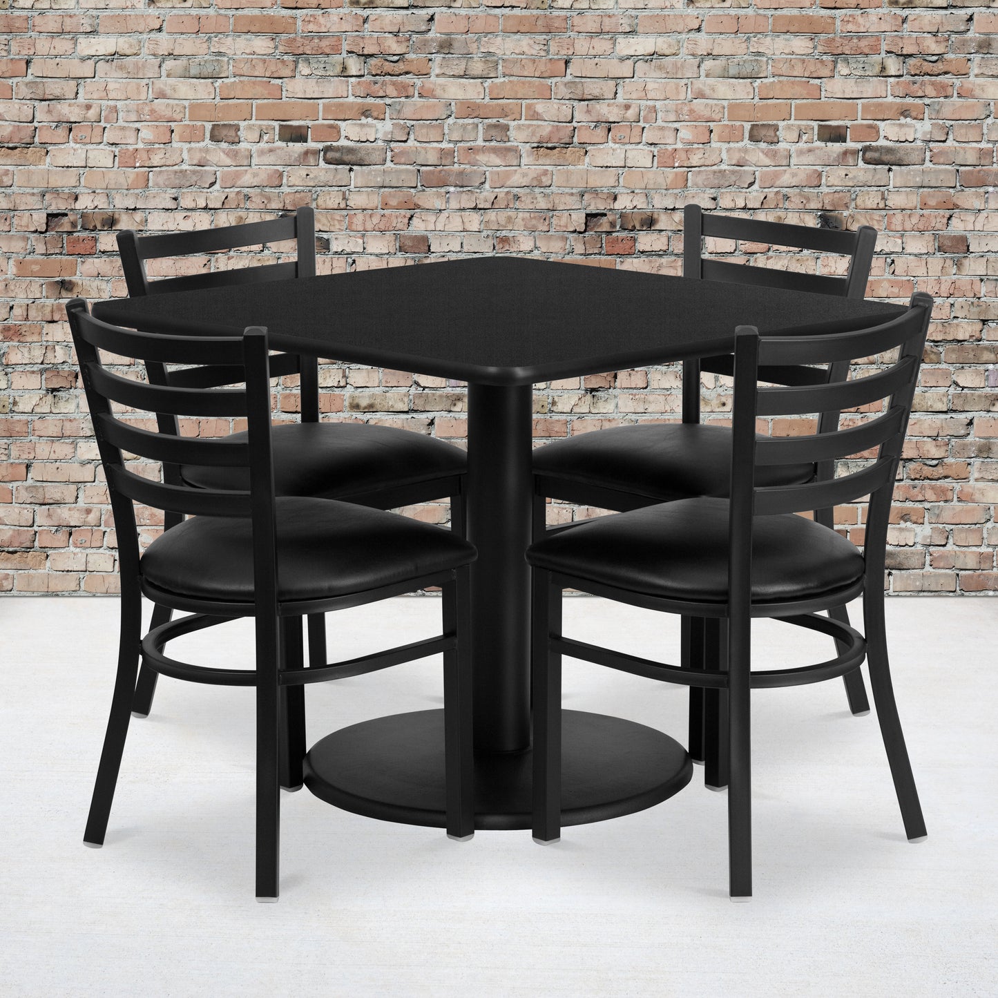 Jamie 36'' Square Black Laminate Table Set with Round Base and 4 Ladder Back Metal Chairs - Black Vinyl Seat Black Top/Black Vinyl Seat