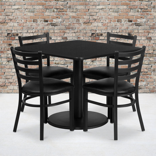 Jamie 36'' Square Black Laminate Table Set with Round Base and 4 Ladder Back Metal Chairs - Black Vinyl Seat Black Top/Black Vinyl Seat