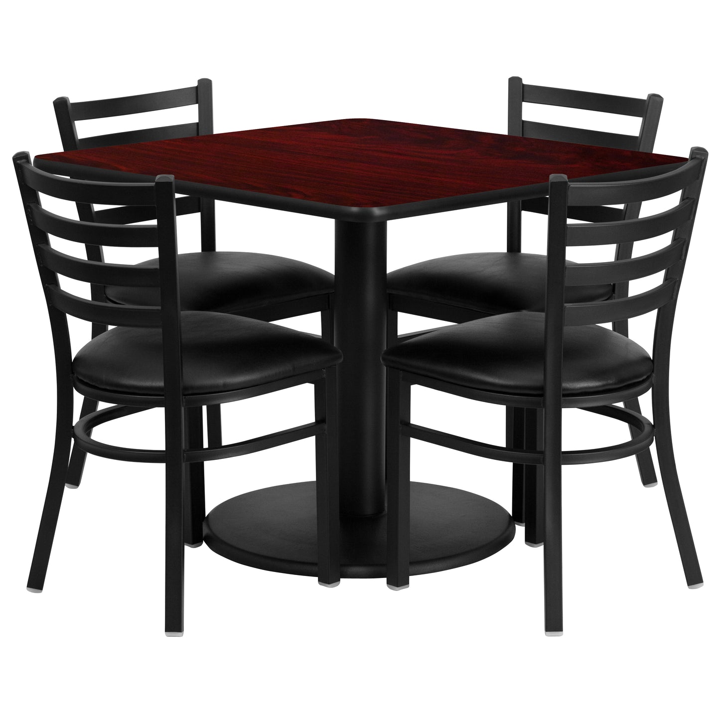 Jamie 36'' Square Mahogany Laminate Table Set with Round Base and 4 Ladder Back Metal Chairs - Black Vinyl Seat Mahogany Top/Black Vinyl Seat