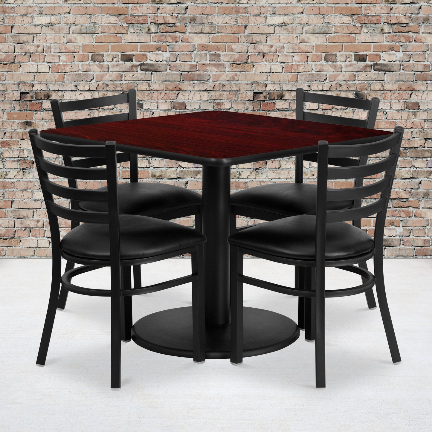 Jamie 36'' Square Mahogany Laminate Table Set with Round Base and 4 Ladder Back Metal Chairs - Black Vinyl Seat Mahogany Top/Black Vinyl Seat