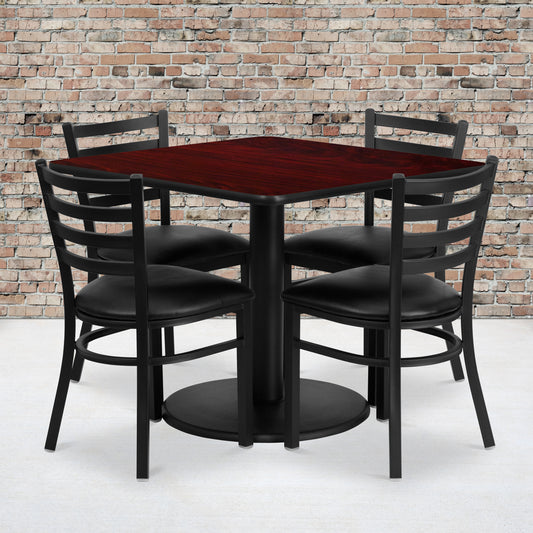 Jamie 36'' Square Mahogany Laminate Table Set with Round Base and 4 Ladder Back Metal Chairs - Black Vinyl Seat Mahogany Top/Black Vinyl Seat