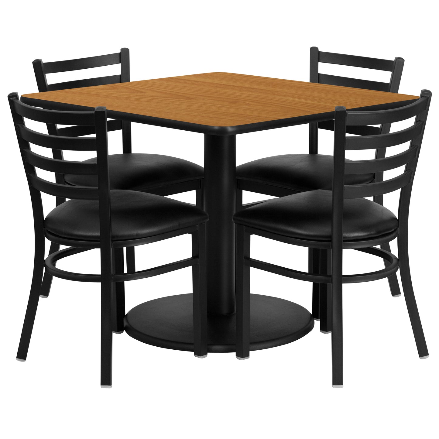Jamie 36'' Square Natural Laminate Table Set with Round Base and 4 Ladder Back Metal Chairs - Black Vinyl Seat Natural Top/Black Vinyl Seat