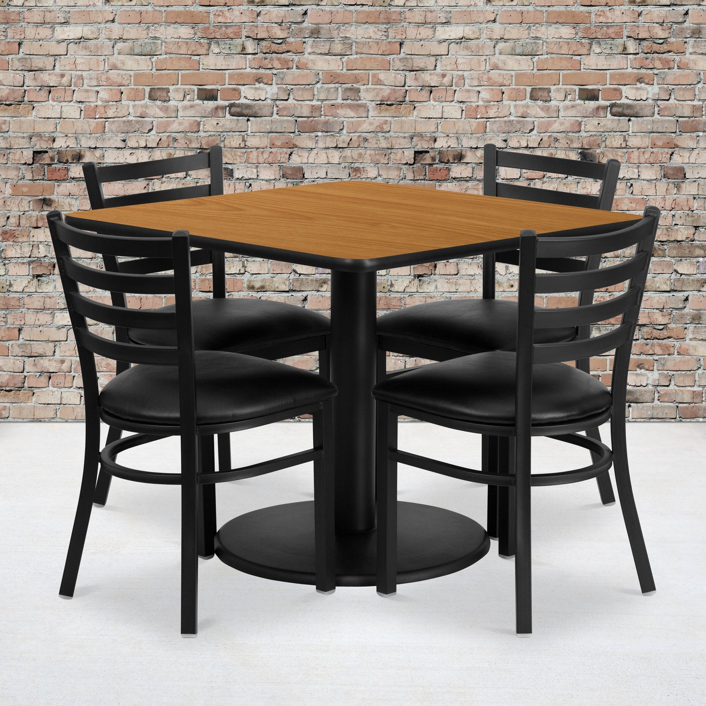 Jamie 36'' Square Natural Laminate Table Set with Round Base and 4 Ladder Back Metal Chairs - Black Vinyl Seat Natural Top/Black Vinyl Seat