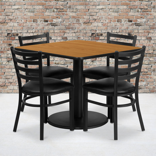 Jamie 36'' Square Natural Laminate Table Set with Round Base and 4 Ladder Back Metal Chairs - Black Vinyl Seat Natural Top/Black Vinyl Seat