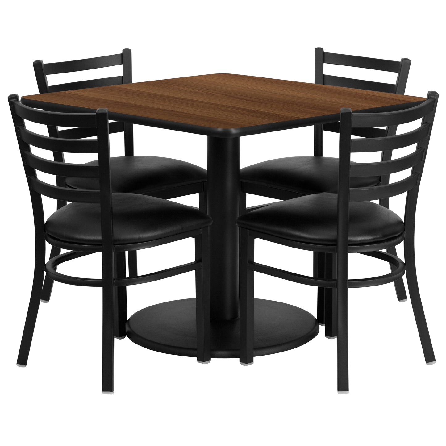 Jamie 36'' Square Walnut Laminate Table Set with Round Base and 4 Ladder Back Metal Chairs - Black Vinyl Seat Walnut Top/Black Vinyl Seat