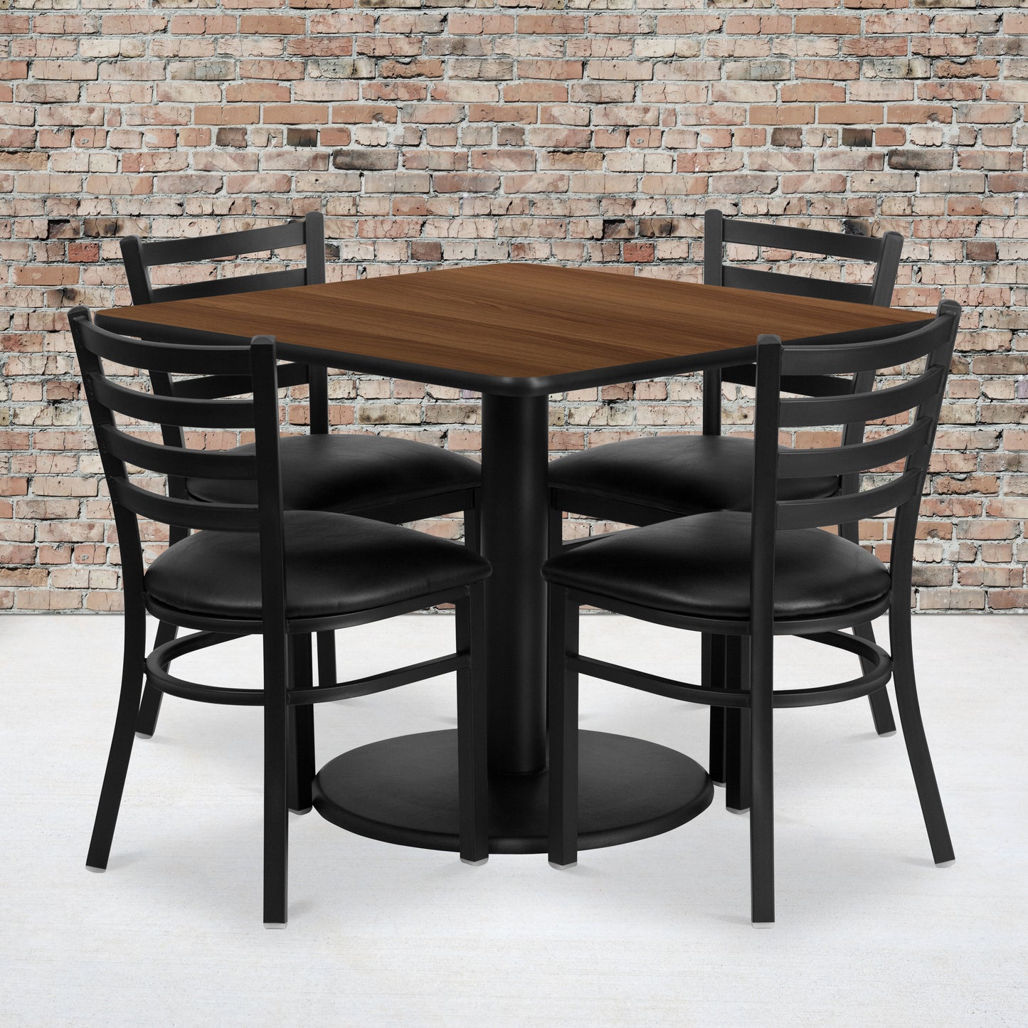 Jamie 36'' Square Walnut Laminate Table Set with Round Base and 4 Ladder Back Metal Chairs - Black Vinyl Seat Walnut Top/Black Vinyl Seat
