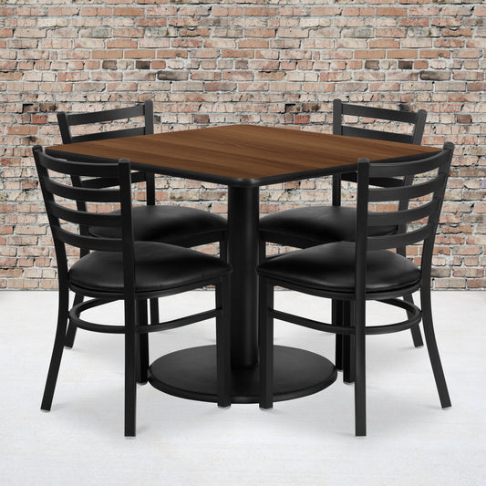 Jamie 36'' Square Walnut Laminate Table Set with Round Base and 4 Ladder Back Metal Chairs - Black Vinyl Seat Walnut Top/Black Vinyl Seat