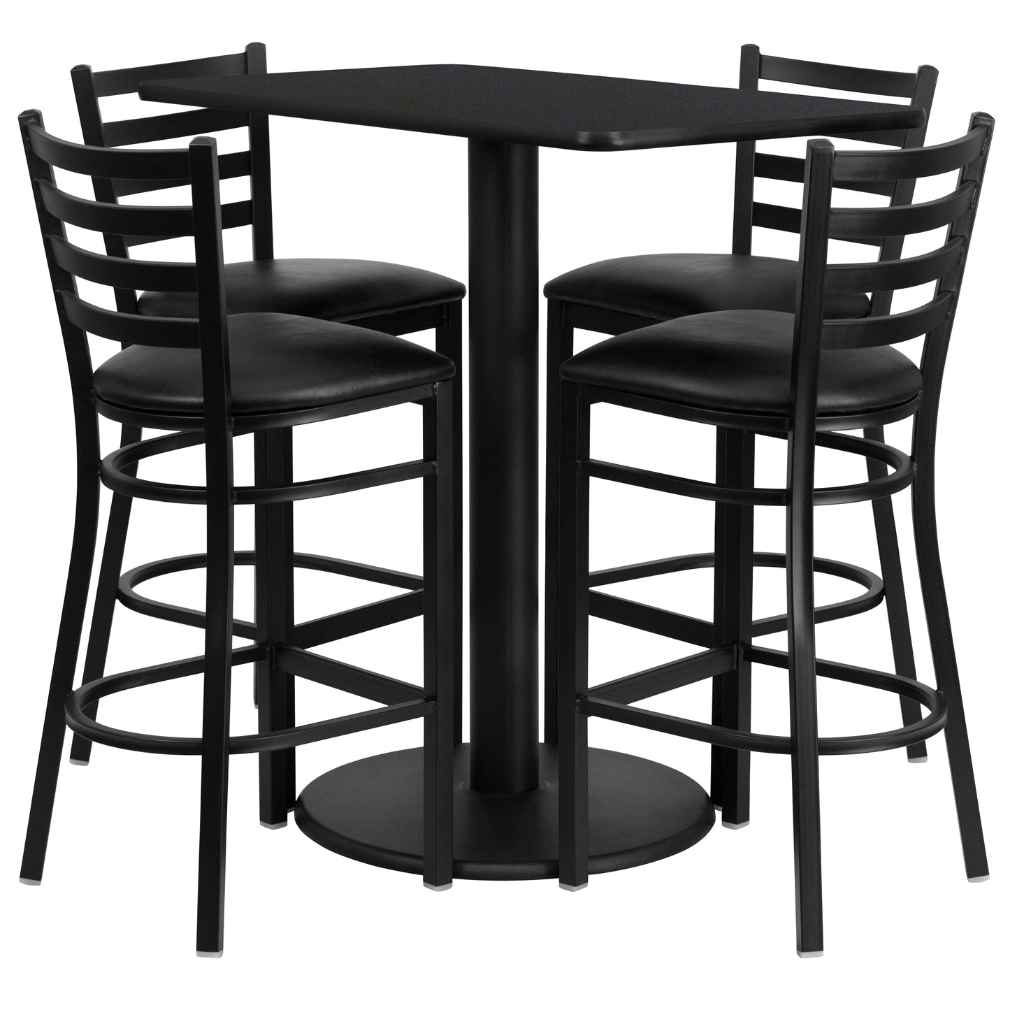 Jamie 24'' x 42'' Rectangular Black Laminate Table Set with 4 Ladder Back Metal Barstools - Black Vinyl Seat Black Top/Black Vinyl Seat
