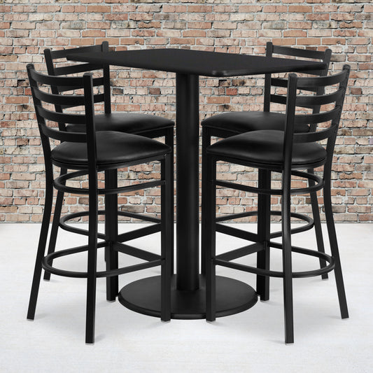 Jamie 24'' x 42'' Rectangular Black Laminate Table Set with 4 Ladder Back Metal Barstools - Black Vinyl Seat Black Top/Black Vinyl Seat