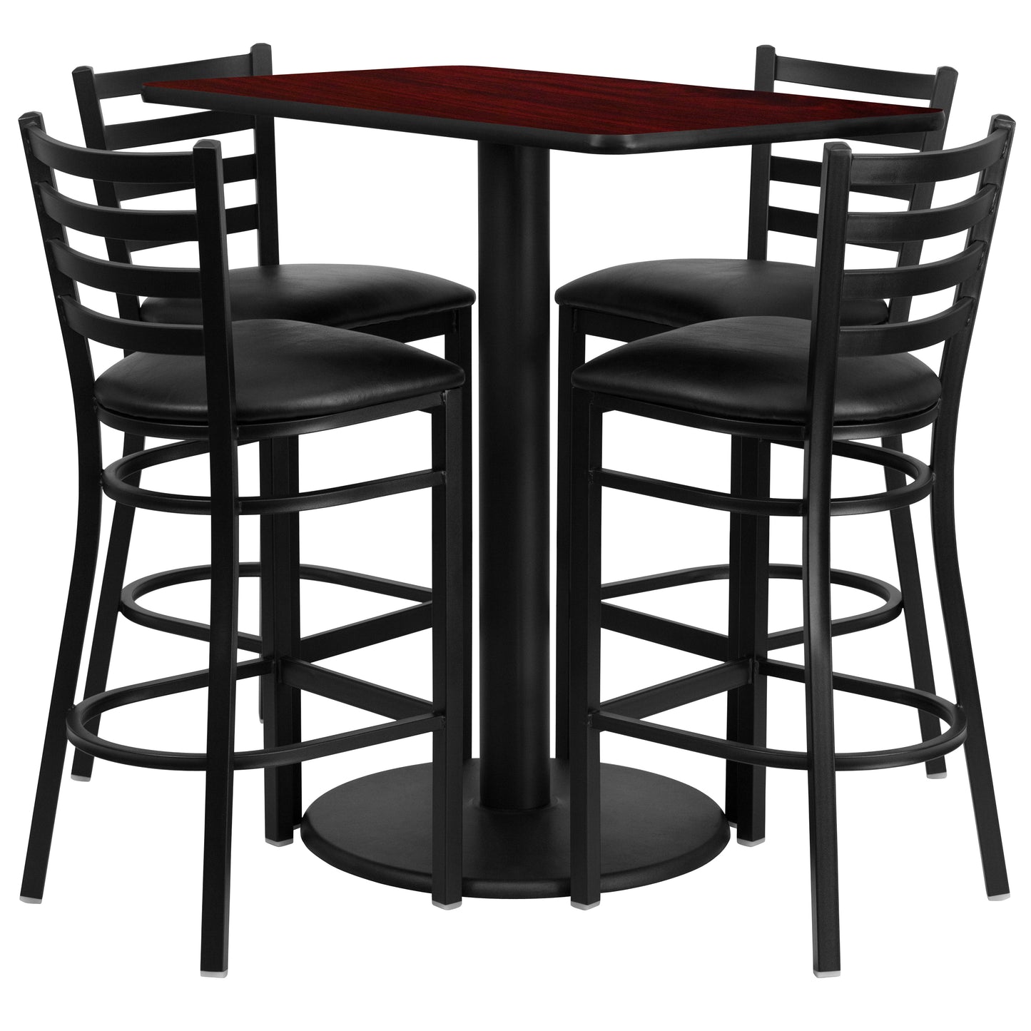 Jamie 24'' x 42'' Rectangular Mahogany Laminate Table Set with 4 Ladder Back Metal Barstools - Black Vinyl Seat Mahogany Top/Black Vinyl Seat