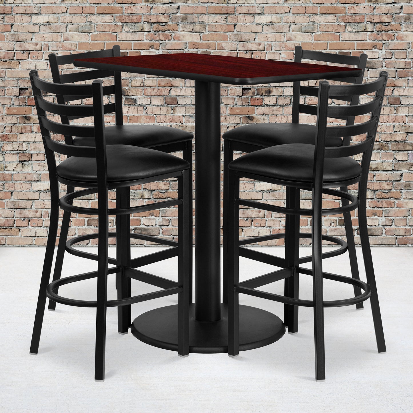 Jamie 24'' x 42'' Rectangular Mahogany Laminate Table Set with 4 Ladder Back Metal Barstools - Black Vinyl Seat Mahogany Top/Black Vinyl Seat