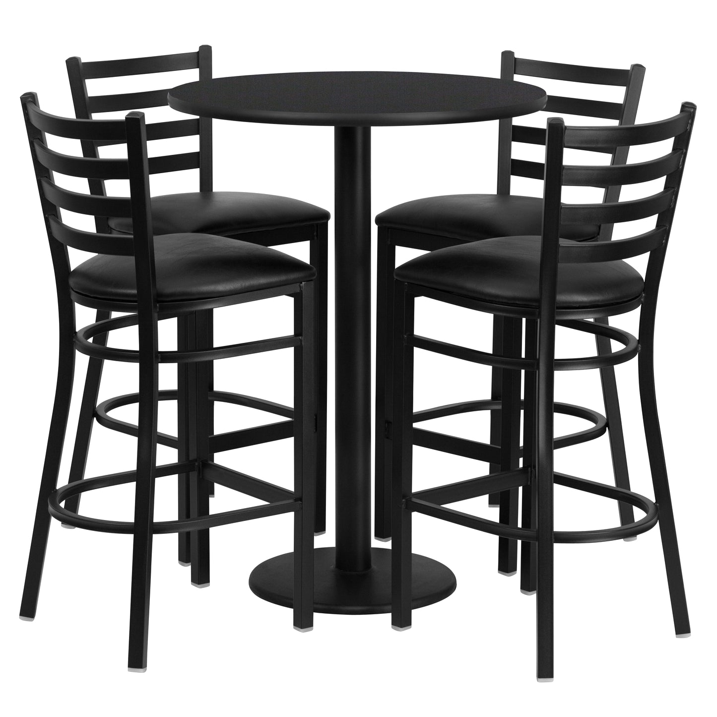 Jamie 30'' Round Black Laminate Table Set with Round Base and 4 Ladder Back Metal Barstools - Black Vinyl Seat Black Top/Black Vinyl Seat