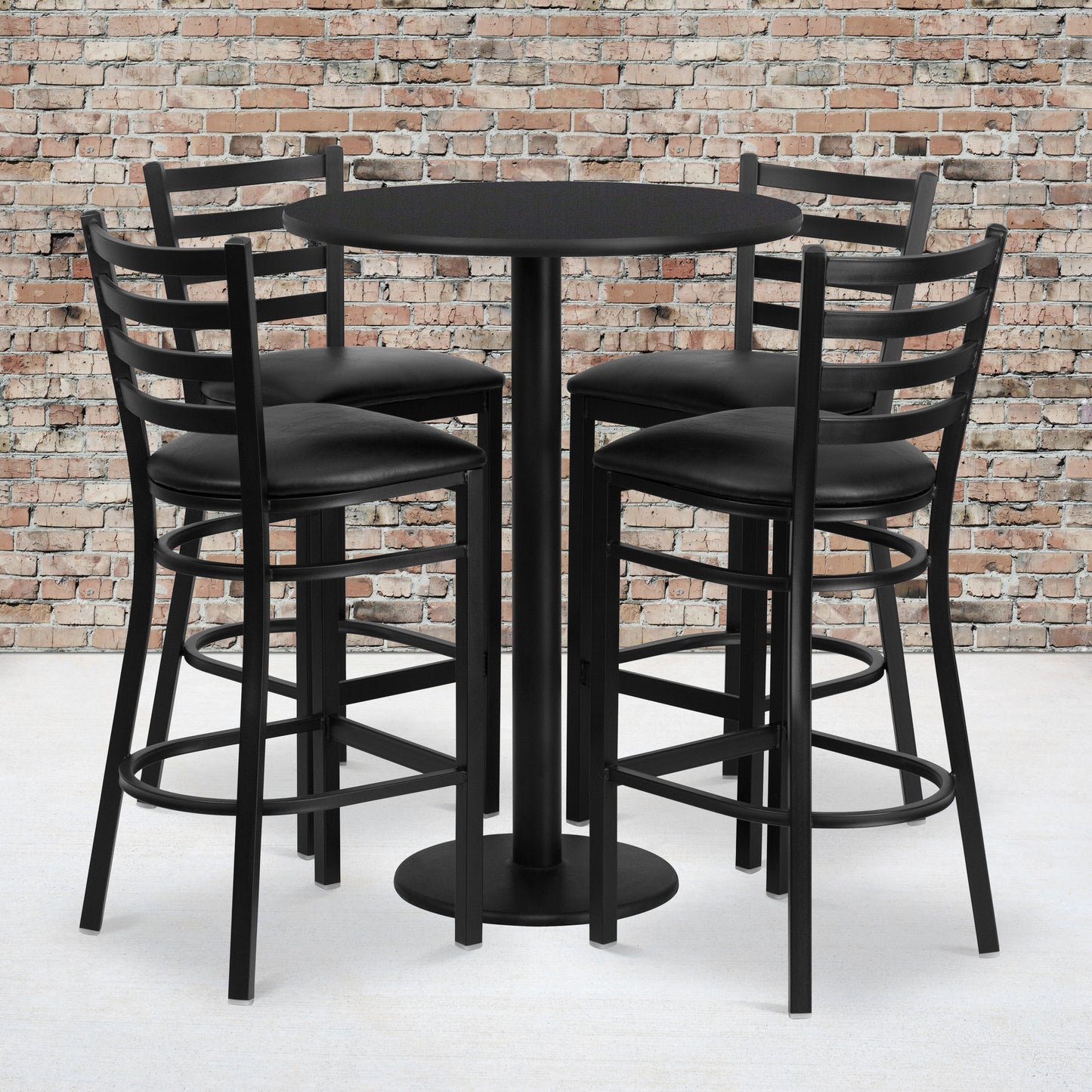 Jamie 30'' Round Black Laminate Table Set with Round Base and 4 Ladder Back Metal Barstools - Black Vinyl Seat Black Top/Black Vinyl Seat