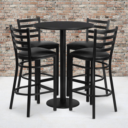 Jamie 30'' Round Black Laminate Table Set with Round Base and 4 Ladder Back Metal Barstools - Black Vinyl Seat Black Top/Black Vinyl Seat