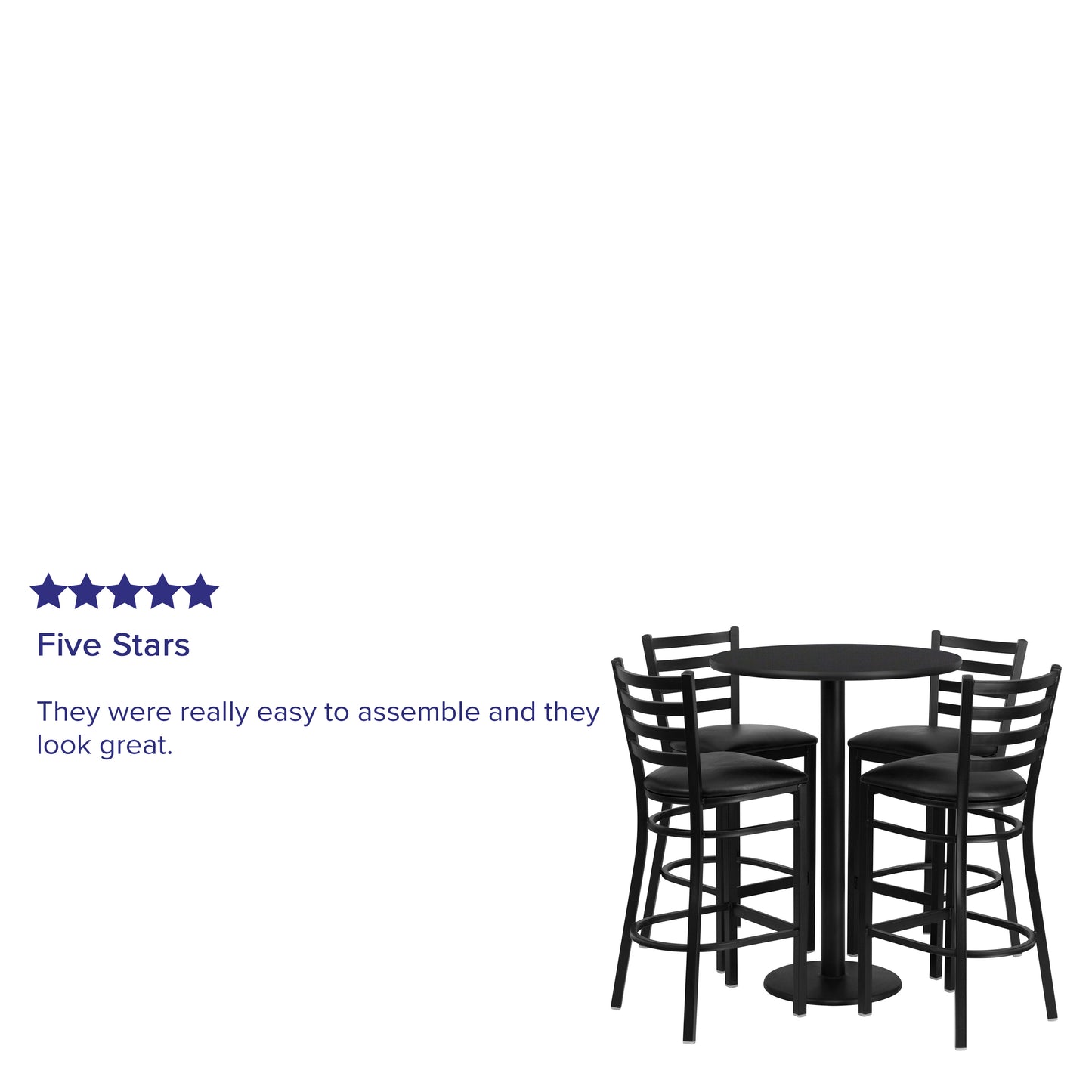 Jamie 30'' Round Black Laminate Table Set with Round Base and 4 Ladder Back Metal Barstools - Black Vinyl Seat Black Top/Black Vinyl Seat