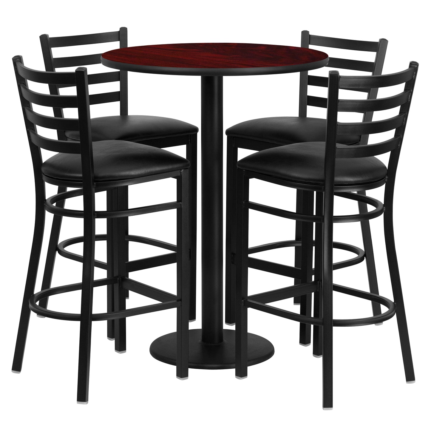 Jamie 30'' Round Mahogany Laminate Table Set with Round Base and 4 Ladder Back Metal Barstools - Black Vinyl Seat Mahogany Top/Black Vinyl Seat
