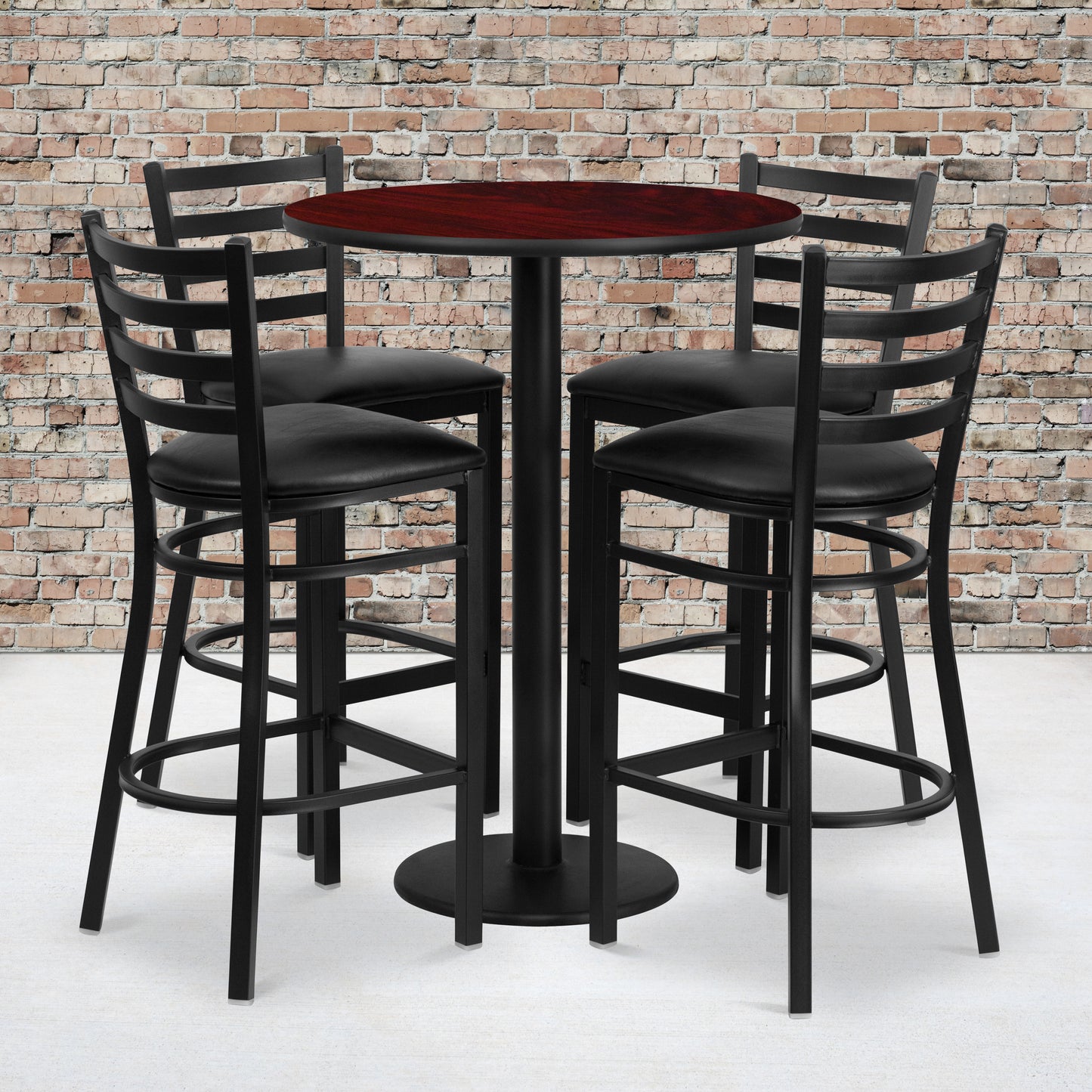 Jamie 30'' Round Mahogany Laminate Table Set with Round Base and 4 Ladder Back Metal Barstools - Black Vinyl Seat Mahogany Top/Black Vinyl Seat