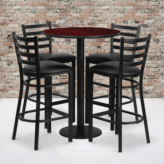 Jamie 30'' Round Mahogany Laminate Table Set with Round Base and 4 Ladder Back Metal Barstools - Black Vinyl Seat Mahogany Top/Black Vinyl Seat