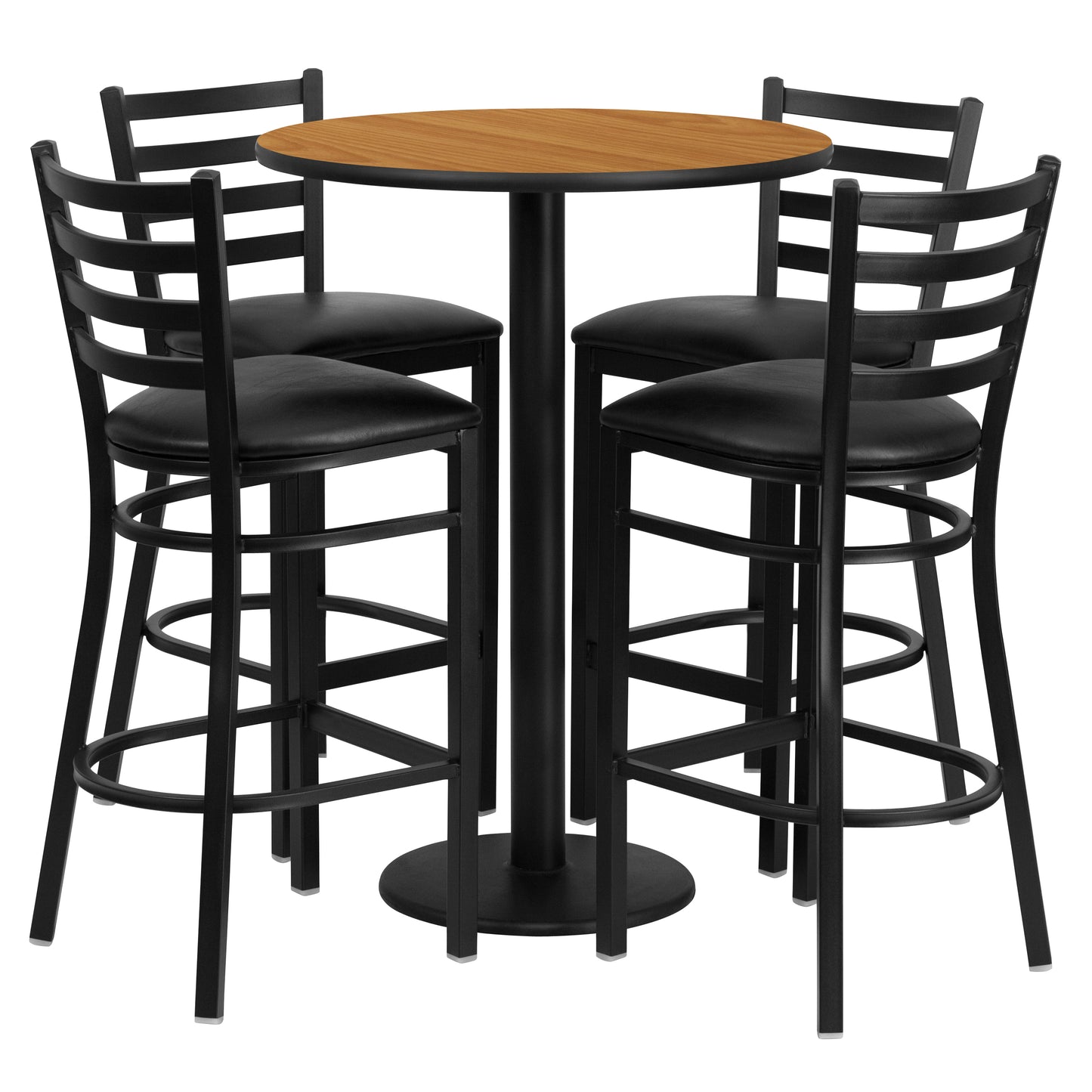 Jamie 30'' Round Natural Laminate Table Set with Round Base and 4 Ladder Back Metal Barstools - Black Vinyl Seat Natural Top/Black Vinyl Seat
