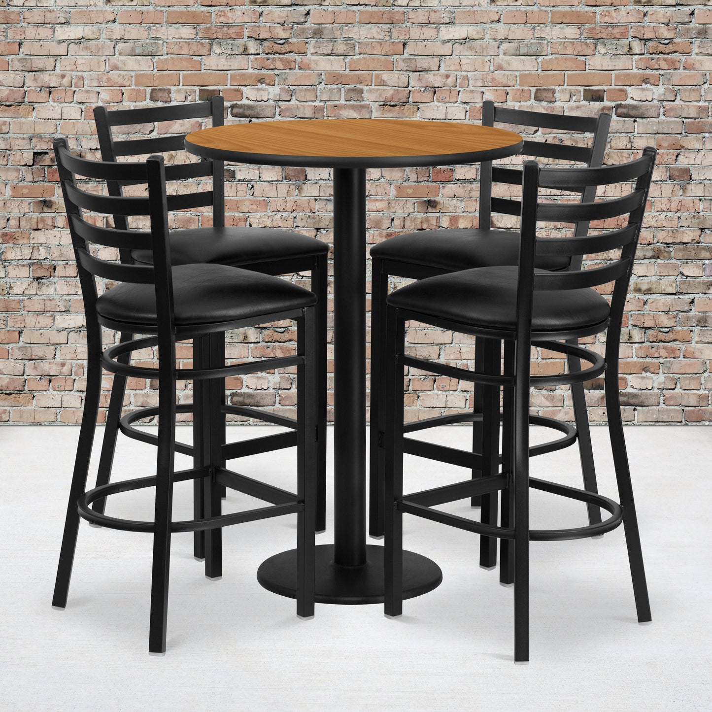 Jamie 30'' Round Natural Laminate Table Set with Round Base and 4 Ladder Back Metal Barstools - Black Vinyl Seat Natural Top/Black Vinyl Seat